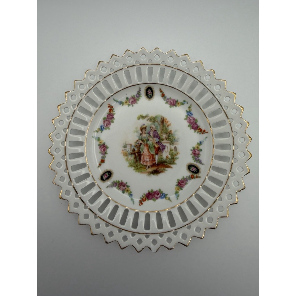 Vintage German Reticulated Porcelain Small Trinket Dish Courting Couple Floral
